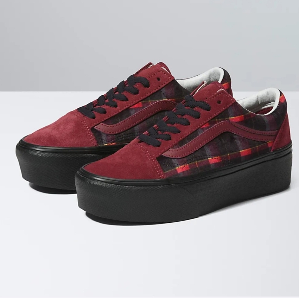 NWT Vans Old Skool Stackform Velvet Plaid Port Red Plaid Platform Sneakers - 9 - Picture 3 of 10